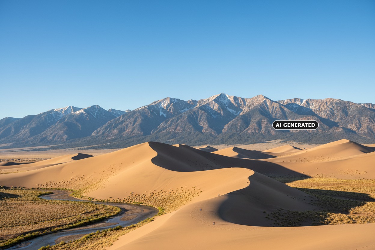 AI Generated: A winding stream flows past towering sand dunes under a clear blue sky, with snow-capped mountains rising in the background.